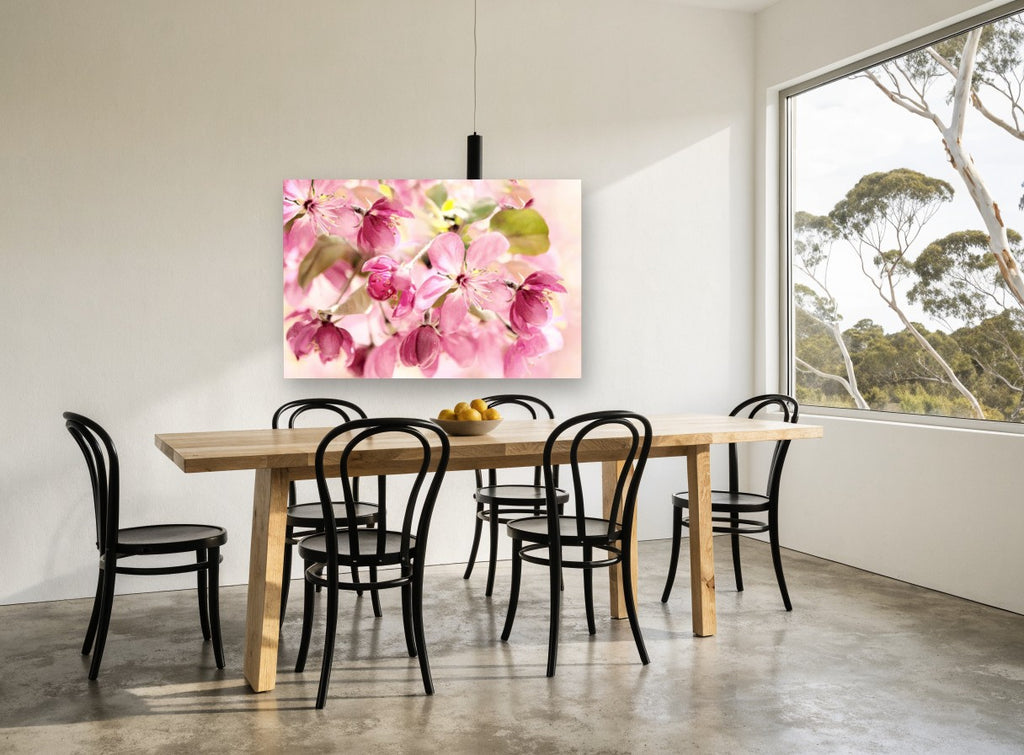 Pink Crabapple Bloom floral canvas print on the wall of a dining room
