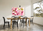 Pink Crabapple Bloom floral canvas print on the wall of a dining room