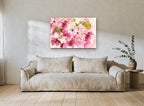 Pink Crabapple Bloom floral canvas print on the wall of a living room