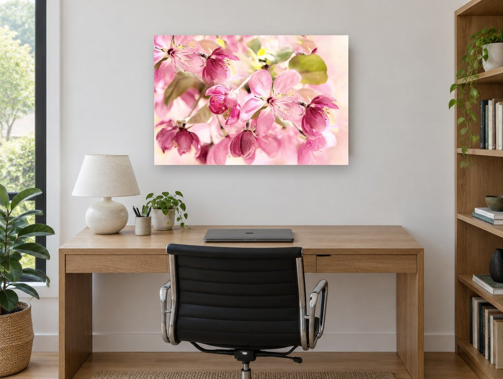 Pink Crabapple Bloom floral canvas print on the wall of a study