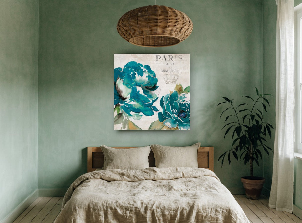 Teal Peonies of Paris vintage canvas print on the wall of a bedroom