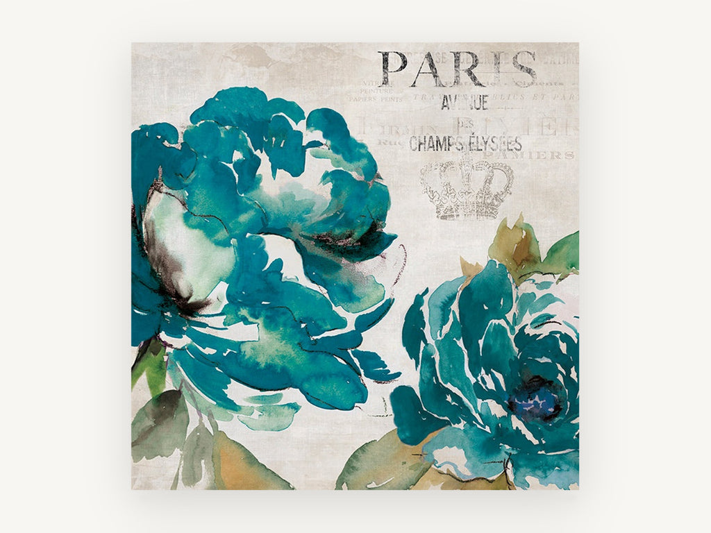 Teal Peonies of Paris, vintage canvas wall art print, front view