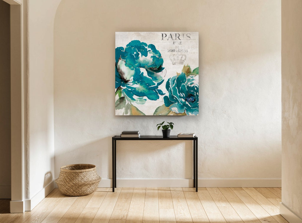Teal Peonies of Paris vintage canvas print on the wall of a hallway