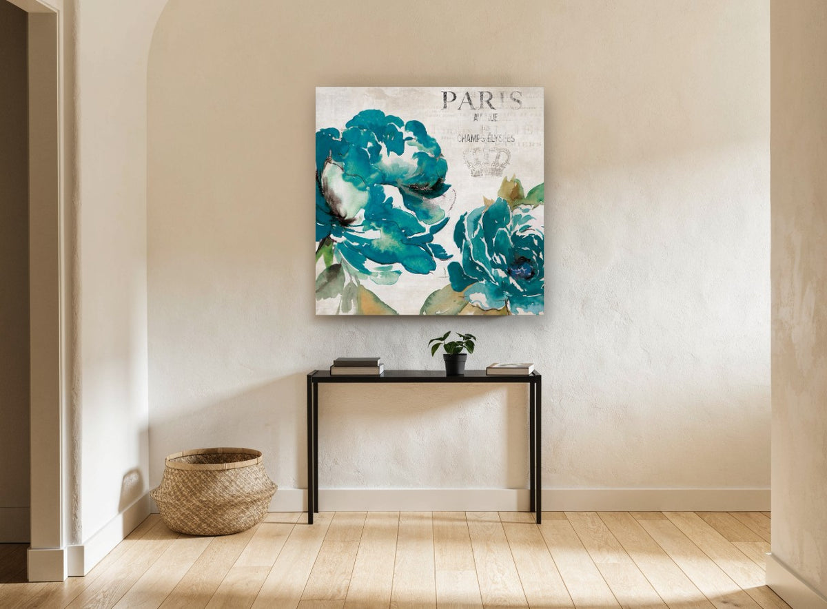 Teal Peonies of Paris vintage canvas print on the wall of a hallway