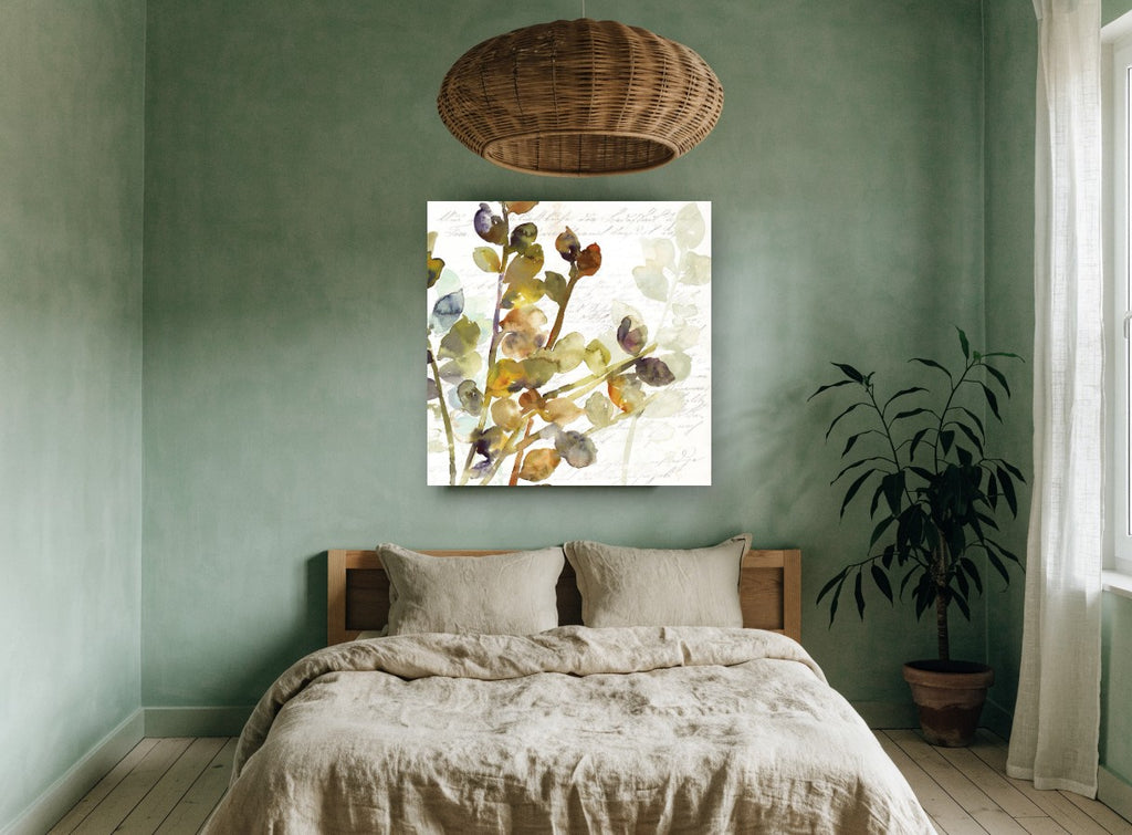 Script and Leaf Sprigs vintage canvas print on the wall of a bedroom