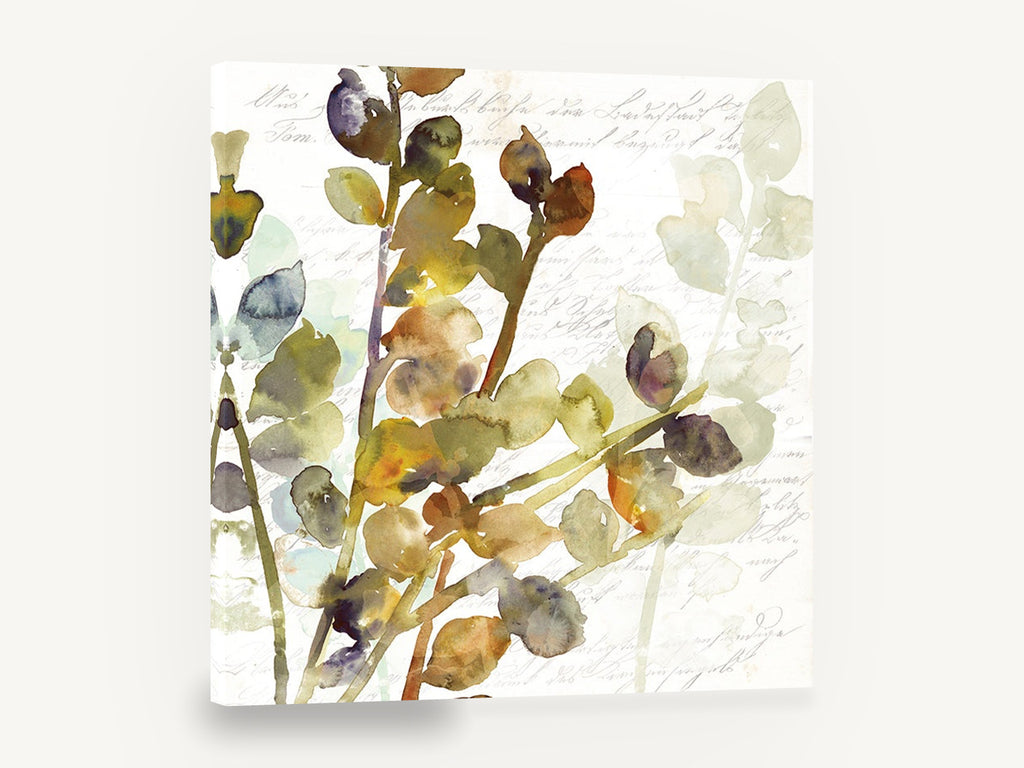 Script and Leaf Sprigs, vintage botanical leaves on script, stretched canvas wall art print ready to hang