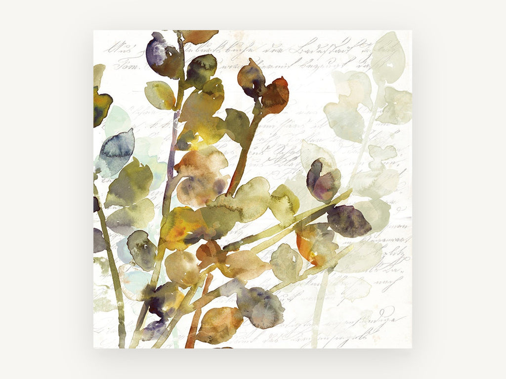 Script and Leaf Sprigs, vintage canvas wall art print, front view
