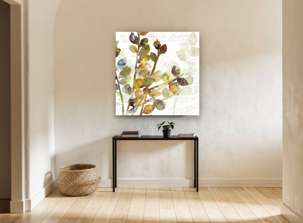 Script and Leaf Sprigs vintage canvas print on the wall of a hallway