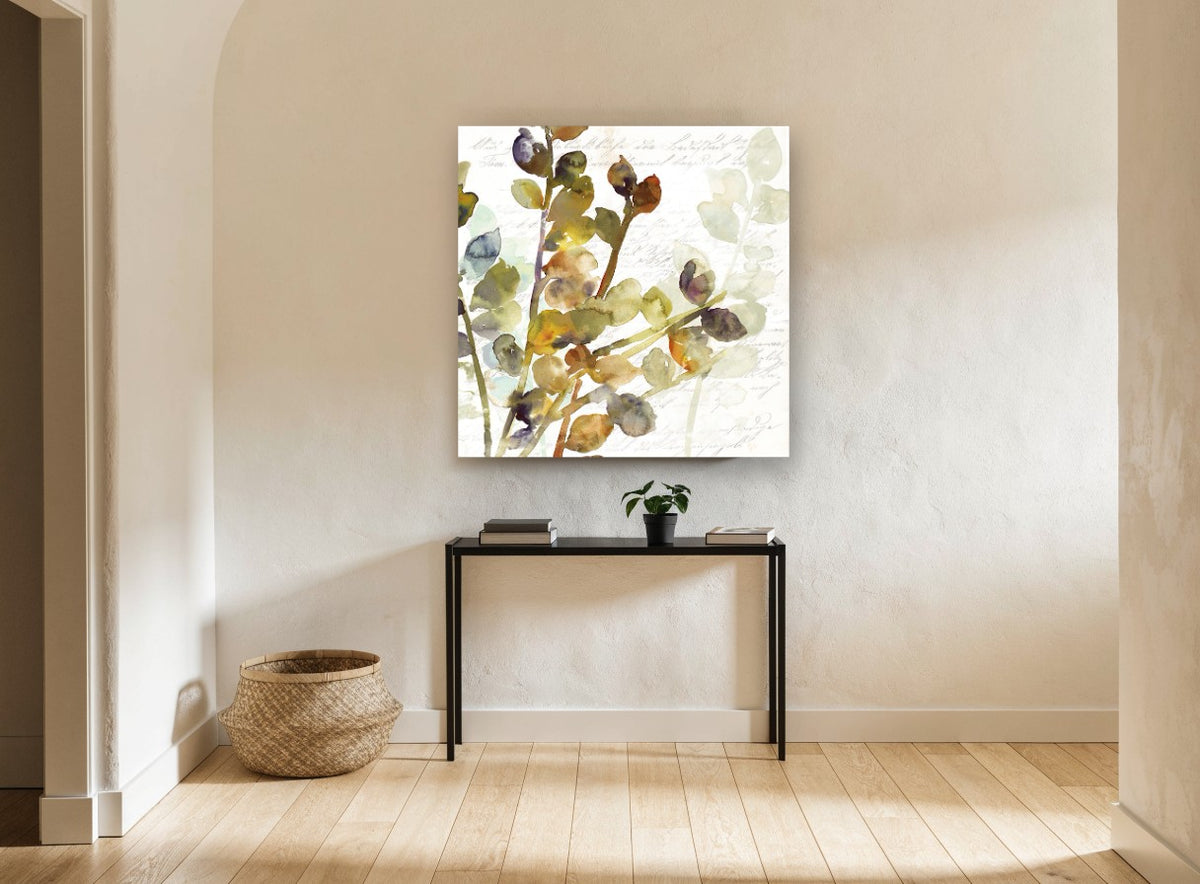 Script and Leaf Sprigs vintage canvas print on the wall of a hallway