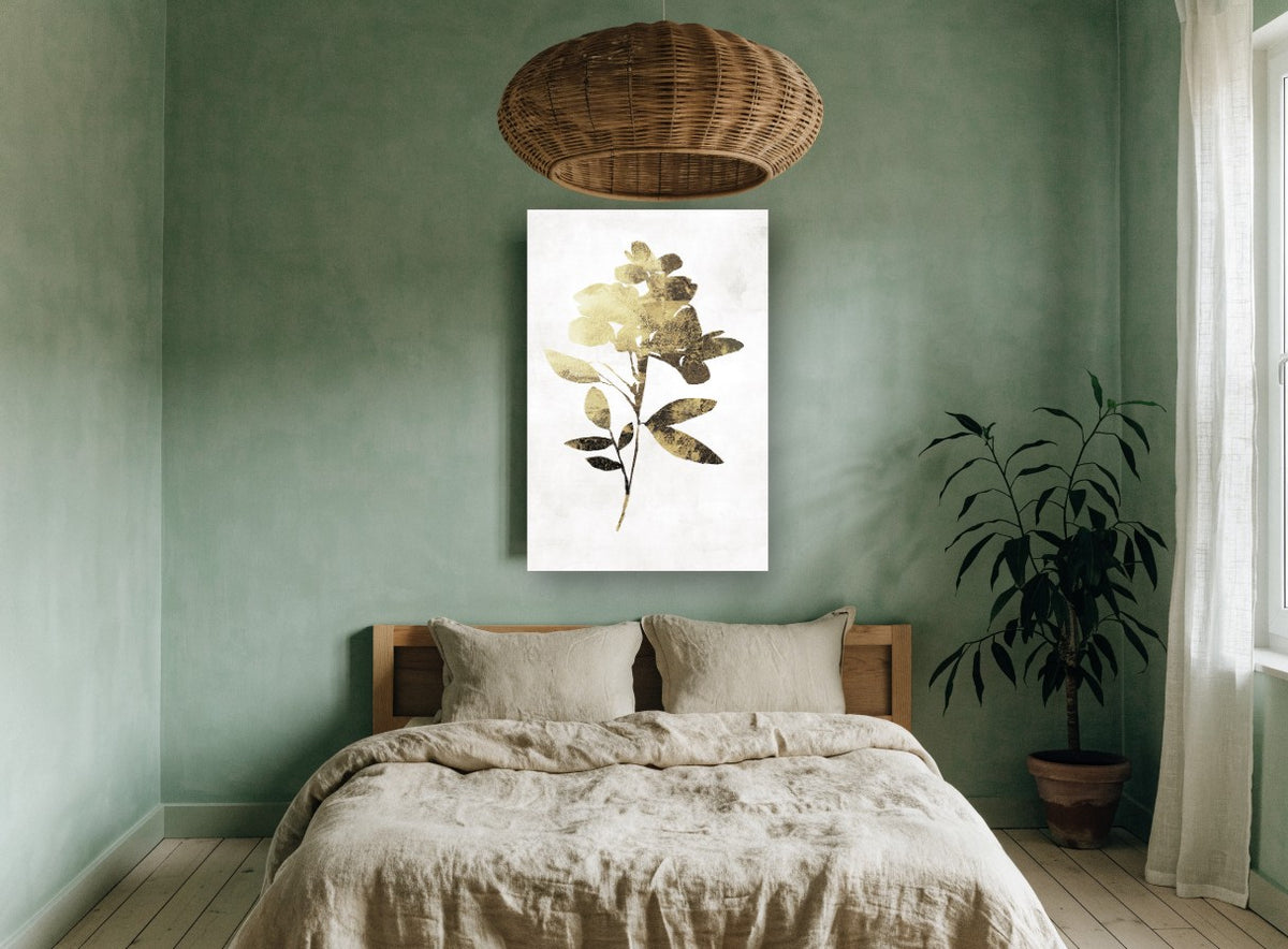 Gilded Blossom Stem floral canvas print on the wall of a bedroom