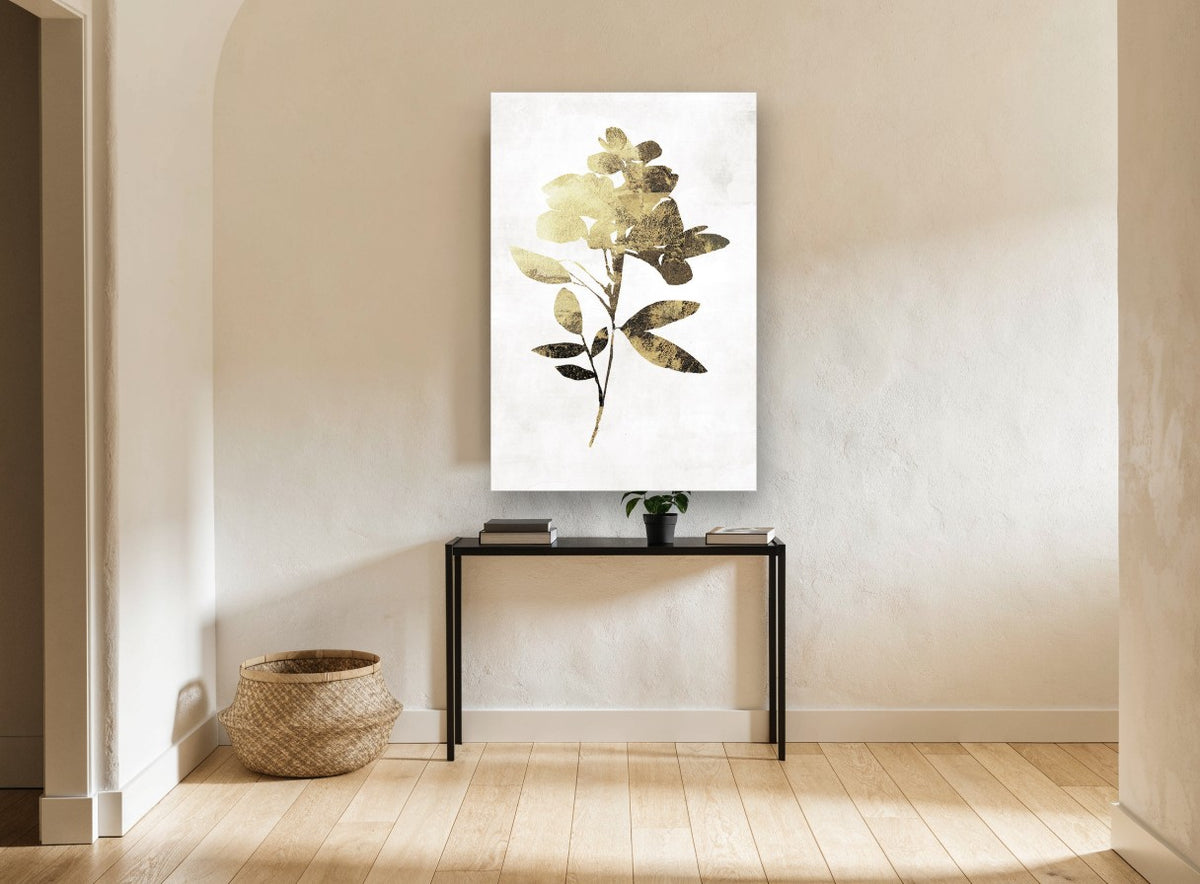 Gilded Blossom Stem floral canvas print on the wall of a hallway