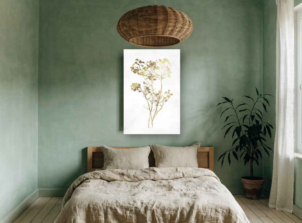 Golden Meadow Sprigs floral canvas print on the wall of a bedroom