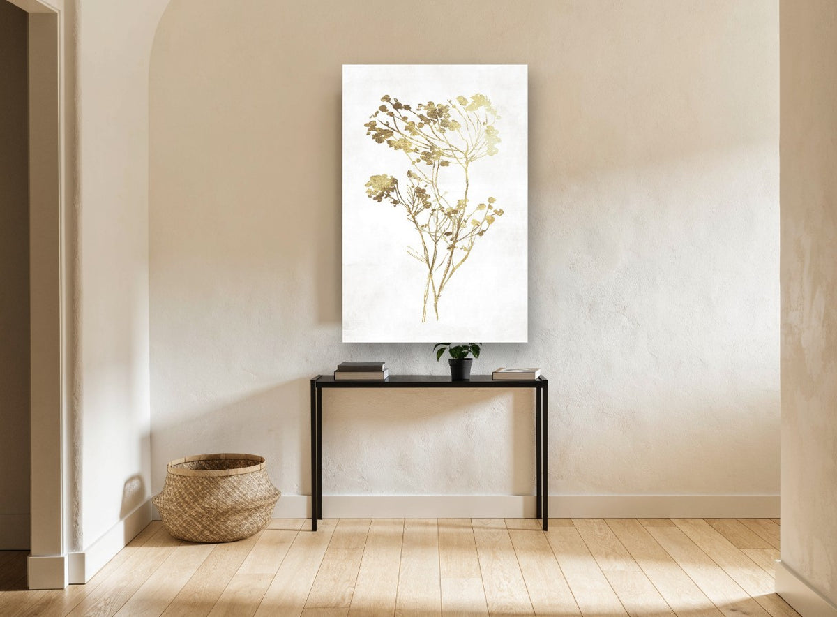 Golden Meadow Sprigs floral canvas print on the wall of a hallway