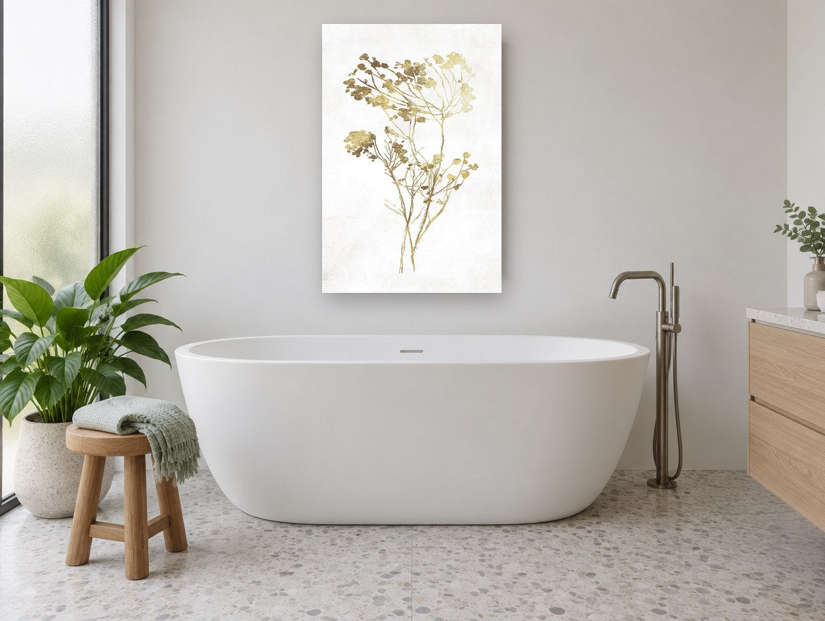 Golden Meadow Sprigs floral canvas print on the wall of a bathroom