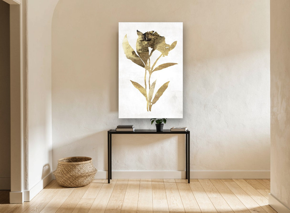 Gilded Bloom Silhouette floral canvas print on the wall of a hallway