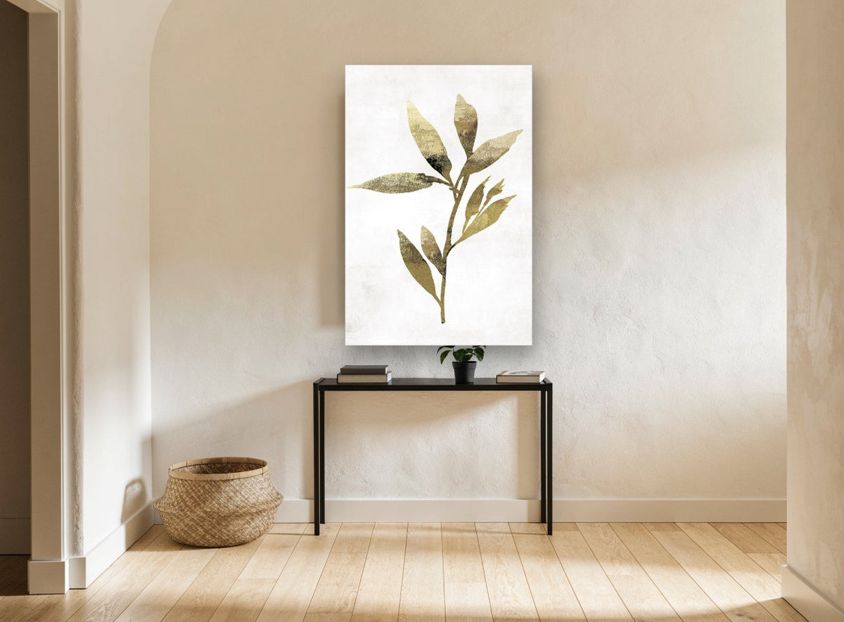 Gilded Olive Sprig floral canvas print on the wall of a hallway