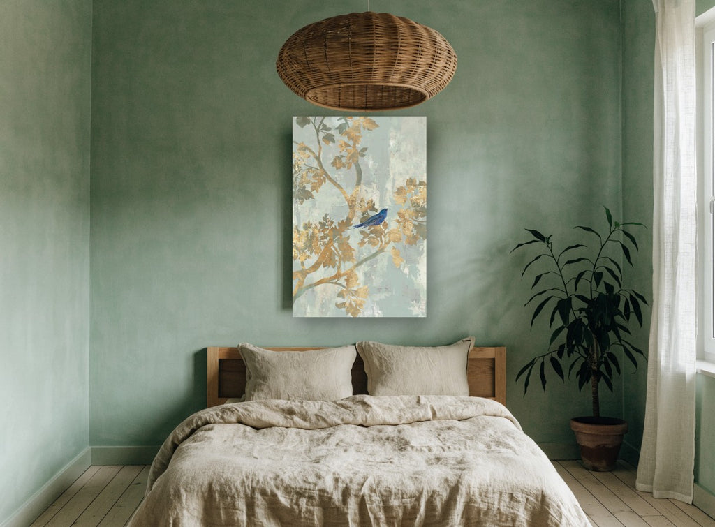 Blue Bird in Gold Leaf floral canvas print on the wall of a bedroom