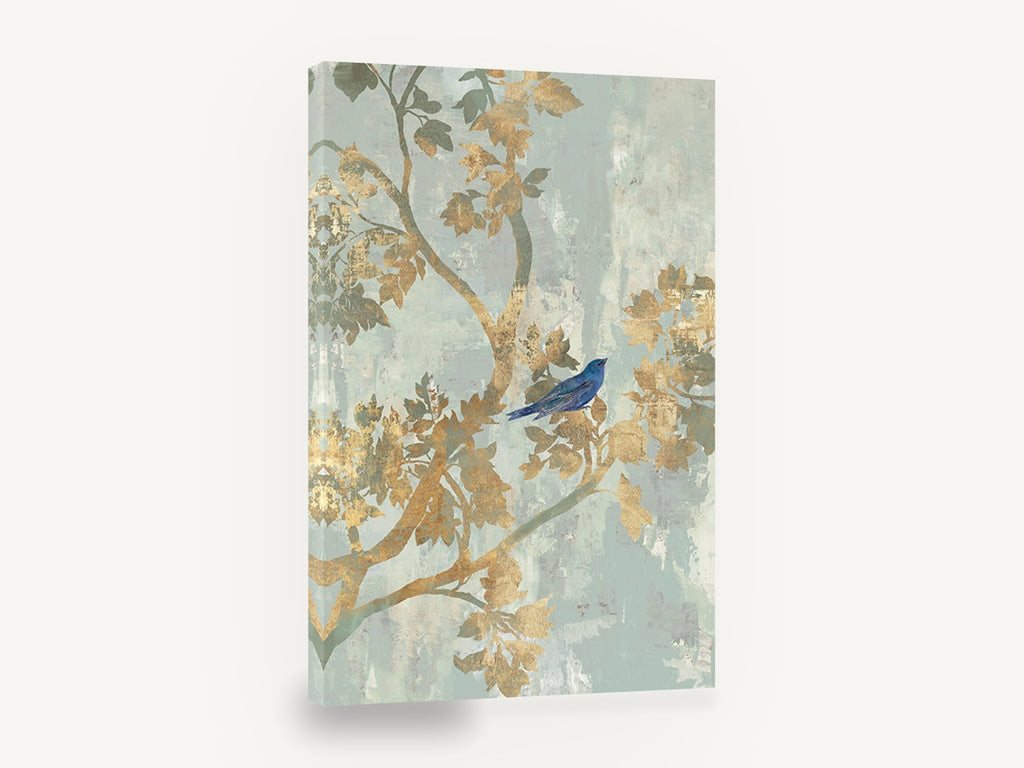Blue Bird in Gold Leaf, blue bird gold leaf branches, floral canvas wall art print ready to hang