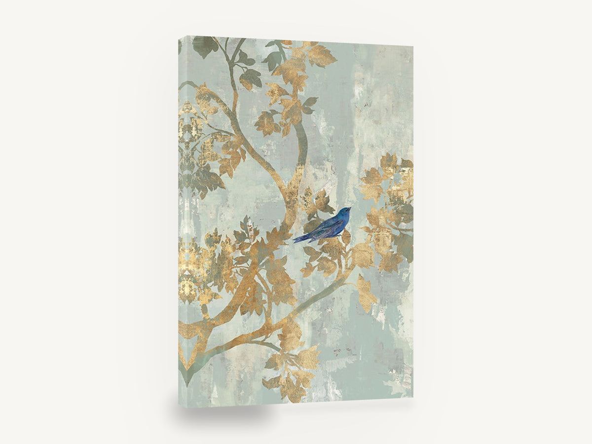Blue Bird in Gold Leaf, blue bird gold leaf branches, floral canvas wall art print ready to hang
