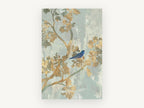 Blue Bird in Gold Leaf, floral canvas wall art print, front view