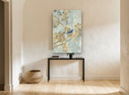 Blue Bird in Gold Leaf floral canvas print on the wall of a hallway