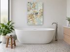 Blue Bird in Gold Leaf floral canvas print on the wall of a bathroom