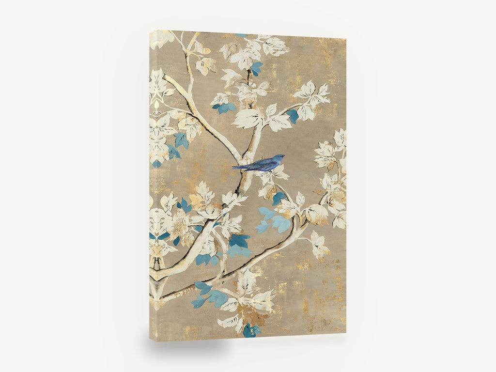 Bluebird Among Gilded Boughs, blue bird blossom branch chinoiserie, floral canvas wall art print ready to hang
