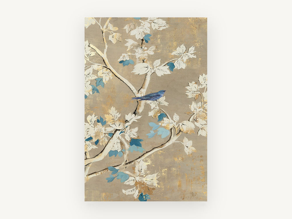 Bluebird Among Gilded Boughs, floral canvas wall art print, front view