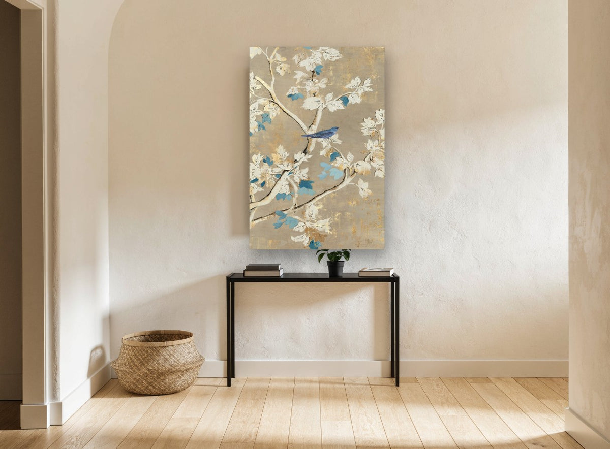 Bluebird Among Gilded Boughs floral canvas print on the wall of a hallway