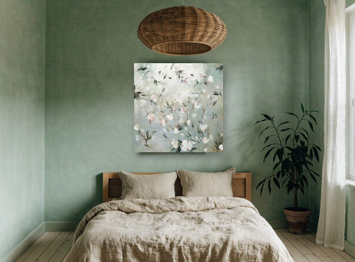 Misty Blossom Sprigs floral canvas print on the wall of a bedroom