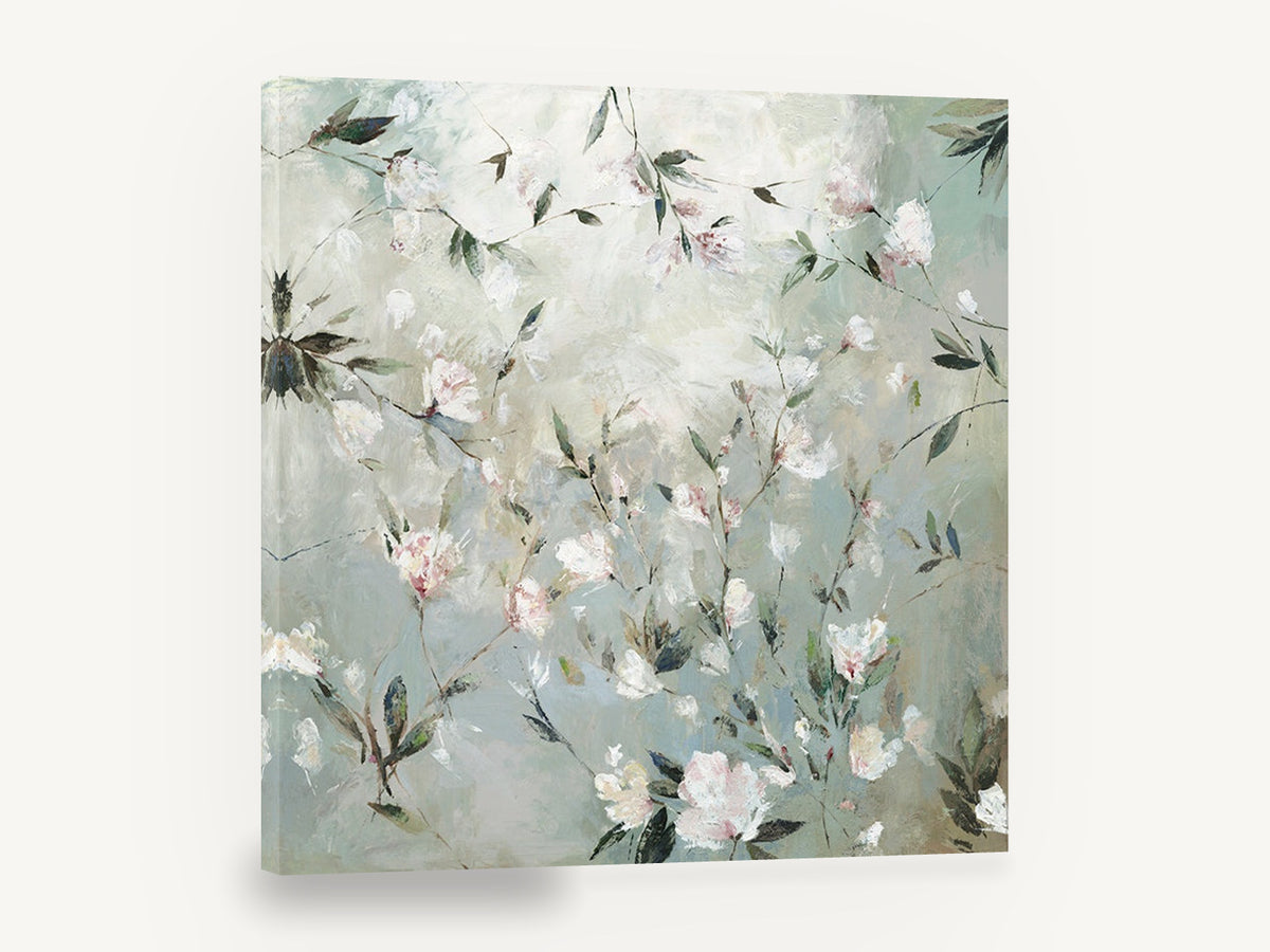 Misty Blossom Sprigs, pink white blossom branches painting, floral canvas wall art print ready to hang