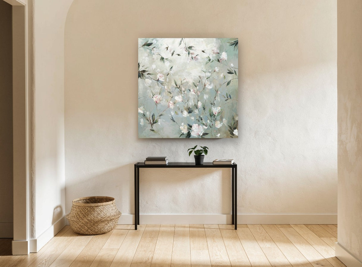 Misty Blossom Sprigs floral canvas print on the wall of a hallway