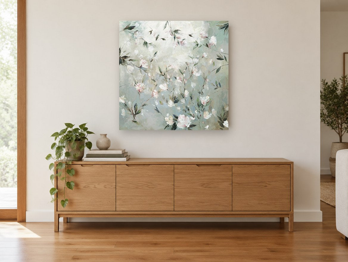 Misty Blossom Sprigs floral canvas print on the wall of a living room above a sideboard