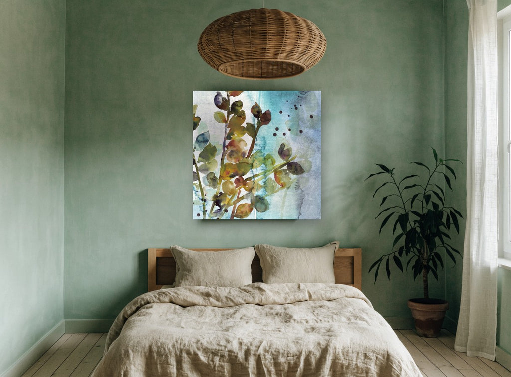 Teal Mist Branches floral canvas print on the wall of a bedroom