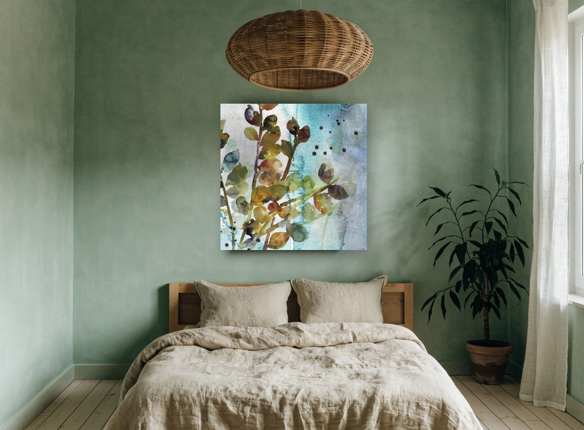 Teal Mist Branches floral canvas print on the wall of a bedroom