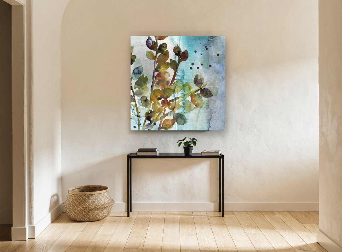 Teal Mist Branches floral canvas print on the wall of a hallway
