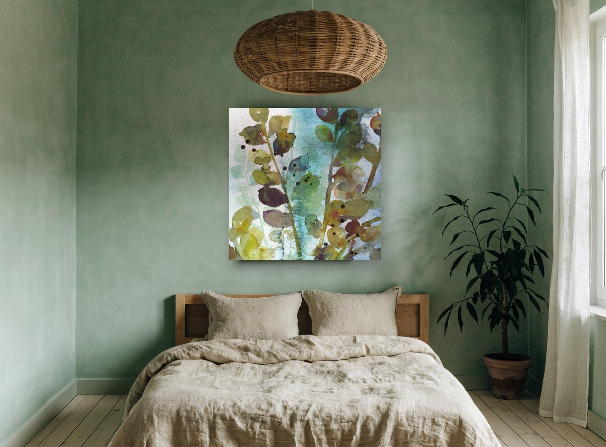 Teal Mist Leaf Stems floral canvas print on the wall of a bedroom