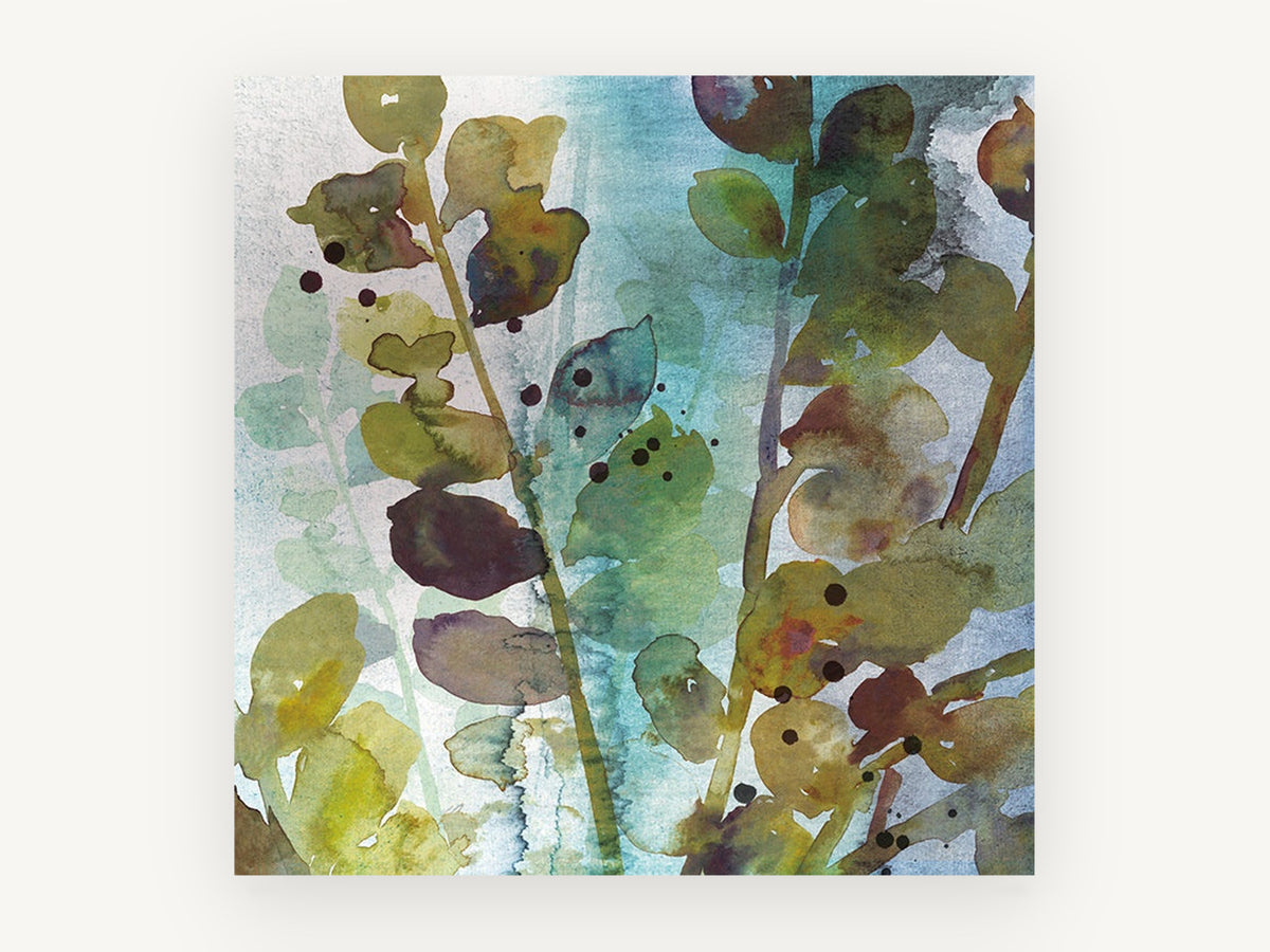 Teal Mist Leaf Stems, floral canvas wall art print, front view