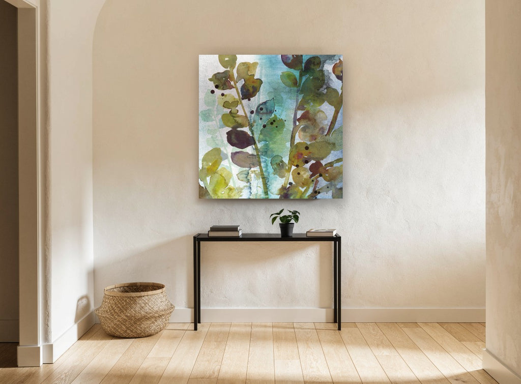 Teal Mist Leaf Stems floral canvas print on the wall of a hallway