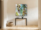 Teal Mist Leaf Stems floral canvas print on the wall of a hallway
