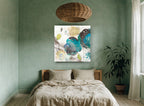 Lagoon Petal Drift floral canvas print on the wall of a bedroom