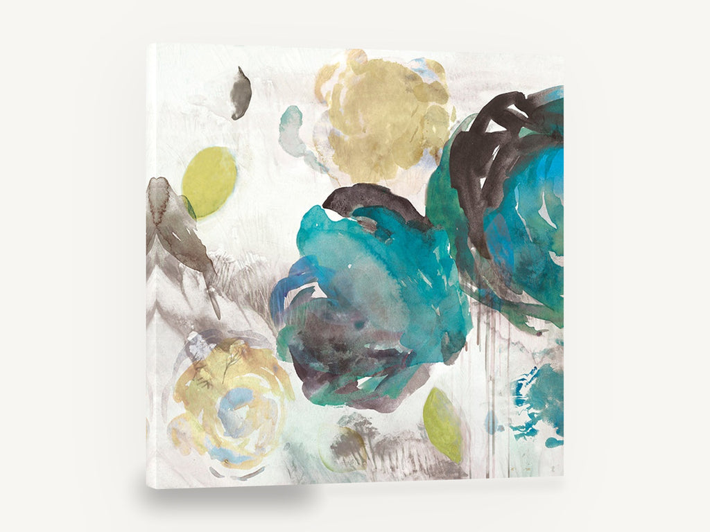 Lagoon Petal Drift, teal abstract watercolour flowers, floral canvas wall art print ready to hang