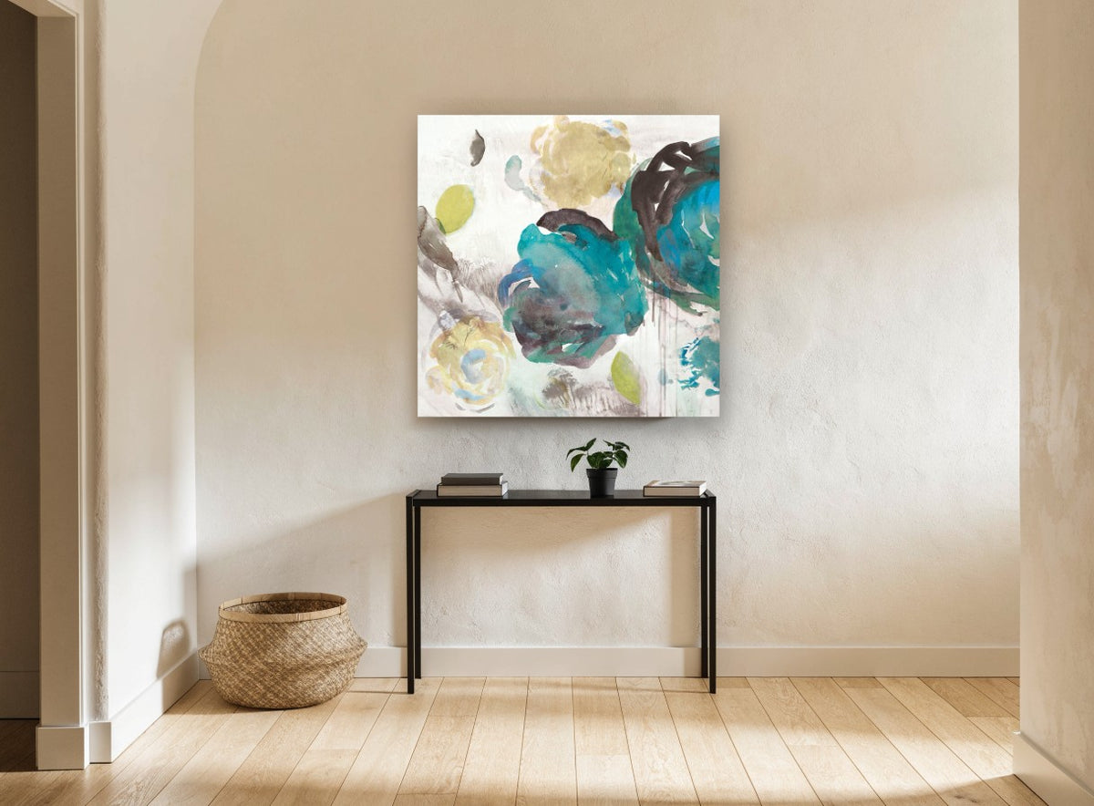 Lagoon Petal Drift floral canvas print on the wall of a hallway