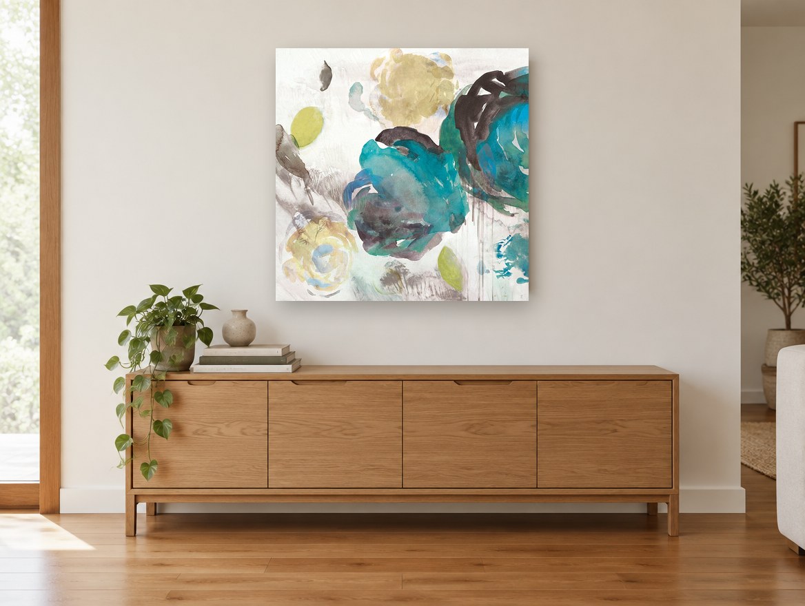 Lagoon Petal Drift floral canvas print on the wall of a living room above a sideboard