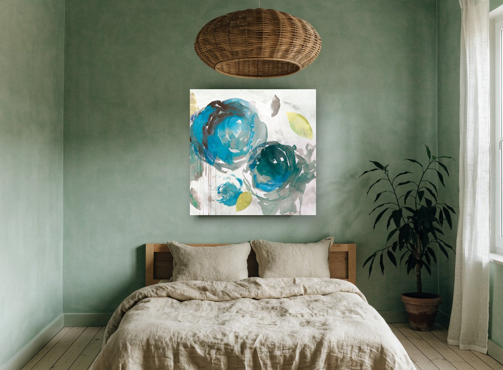 Teal Bloom Drift floral canvas print on the wall of a bedroom