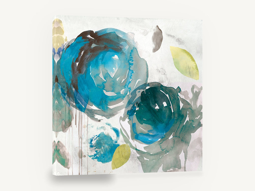 Teal Bloom Drift, teal blue abstract watercolour flowers, floral canvas wall art print ready to hang