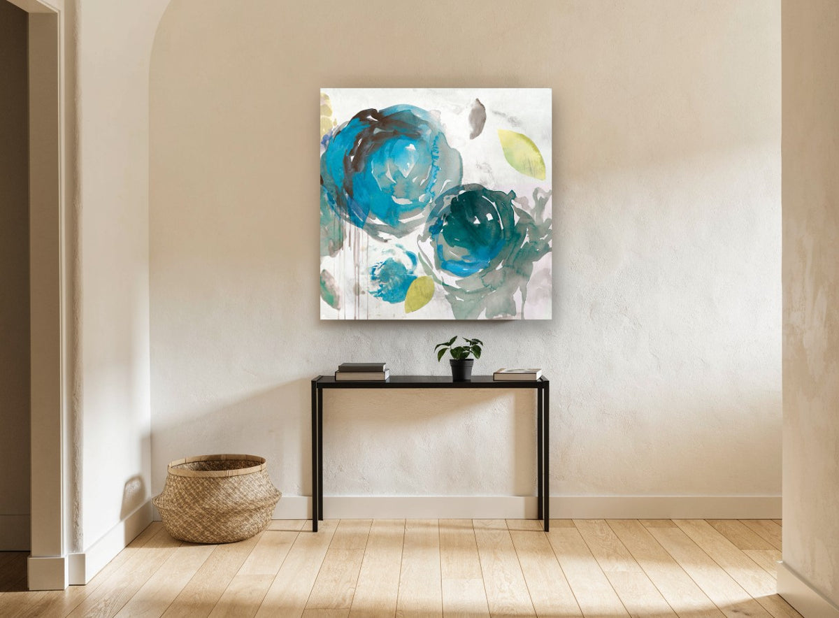 Teal Bloom Drift floral canvas print on the wall of a hallway