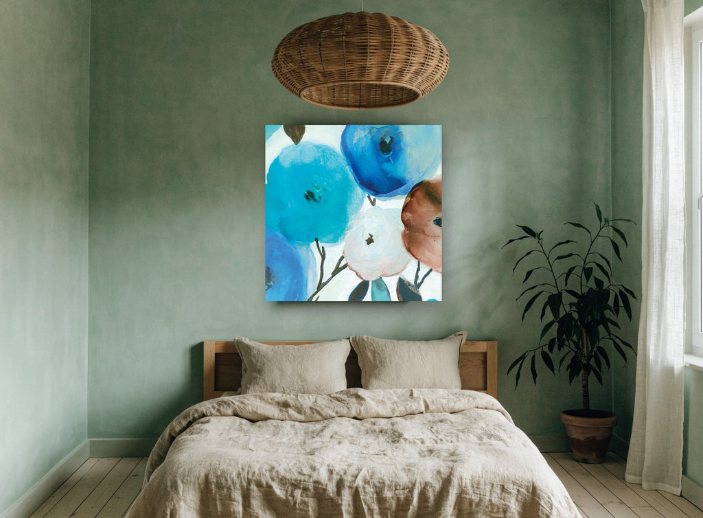 Blue Bloom Cluster floral canvas print on the wall of a bedroom