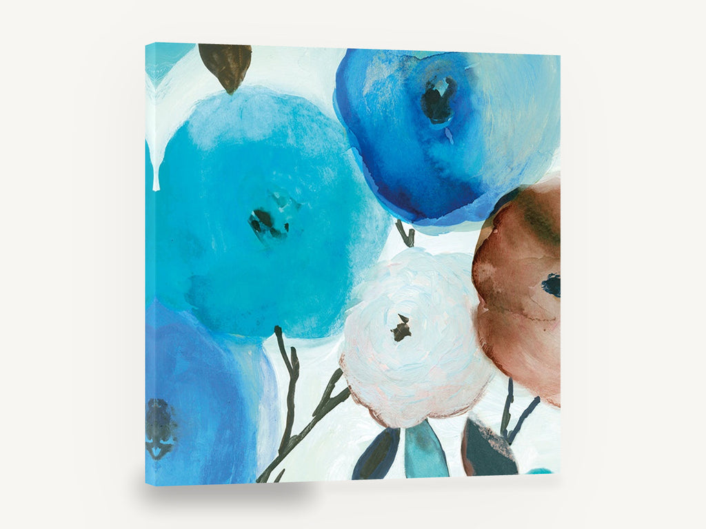 Blue Bloom Cluster, blue watercolour flowers close-up, floral canvas wall art print ready to hang