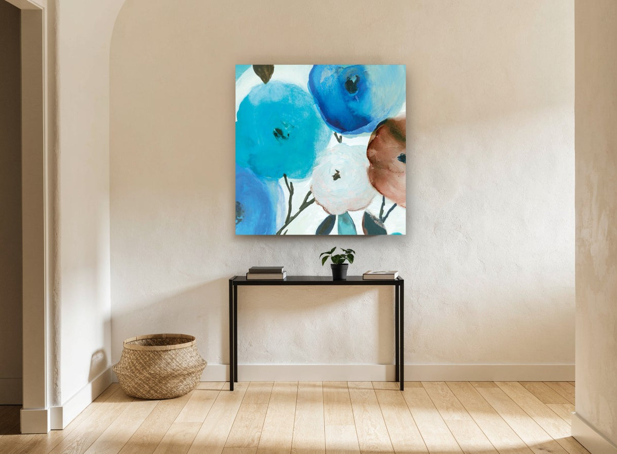 Blue Bloom Cluster floral canvas print on the wall of a hallway